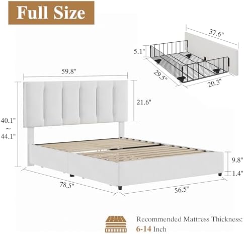 VECELO Full Size Bed Frame with 4 Storage Drawers, Adjustable Height Headboard, Heavy-Duty Platform Bedframe with Strong Wooden Slats, No Box Spring Needed, Pure White