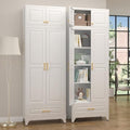 SteeLoong 90" Metal Storage Cabinet with Doors and 3 Adjustable Shelves | Kitchen Pantry Cabinet with 3 Drawers,White Kitchen Cabinet with 4 Gold Handles,Food Cupboard for Livingroom,Pantry, Bathroom