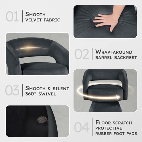Lexicon Swivel Accent Chair, Modern Velvet Round Barrel Chair, Dark Gray