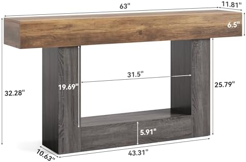 LITTLE TREE 63 Inches Long Console Table, 2-Tier Farmhouse Sofa Table Behind Couch, Large Narrow Entryway Table for Living Room, Wooden Hallway Foyer Table with Heavy Duty Base, Rustic Brown and Grey