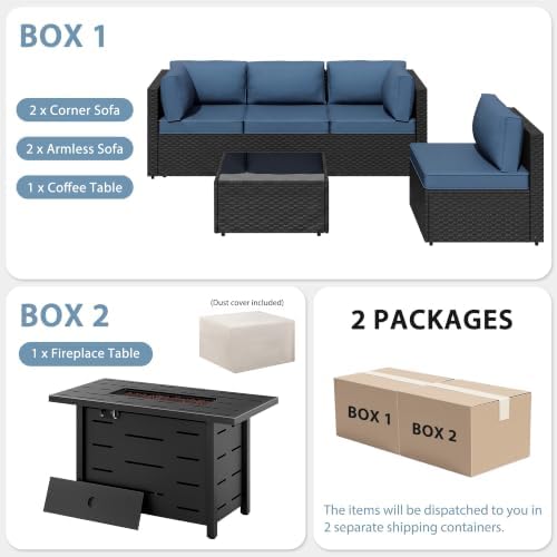 Shintenchi 6 Piece Outdoor Patio Furniture Set with 43 Inch Propane Fire Pit, Washable Cushions, Glass Coffee Table, Waterproof Cover & CSA Certified for Backyard Poolside, Black PE Rattan/Navy Blue