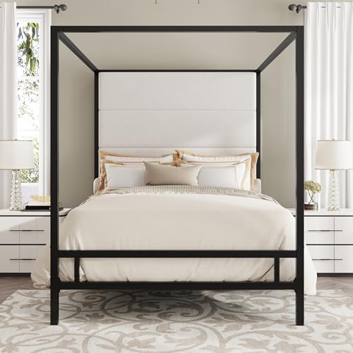 LUMISOL Queen Size Canopy Bed with Tall Headboard, Velvet Upholstered Metal 4-Poster Platform Bed, Black Canopy Bed Frame Queen, Box Spring Needed, Easy Assembly, Black + White