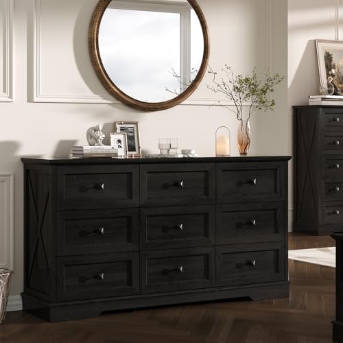 Farmhouse 9 Drawers Dresser Chests for Bedroom, Black 9 Drawers TV Stand