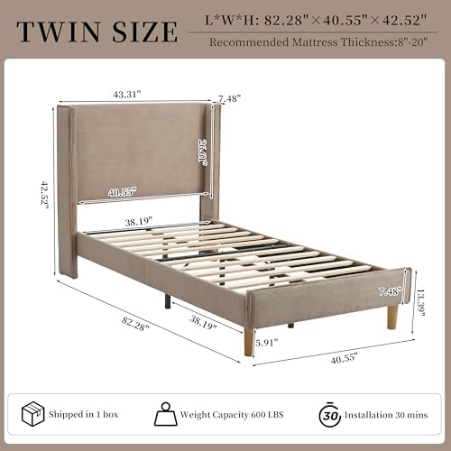 Twin Corduroy Upholstered Platform Bed with Headboard Wingback, Mink