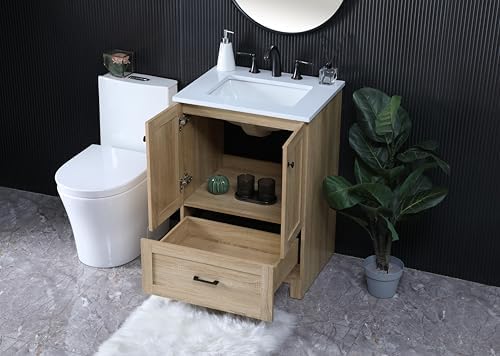 24" Pre-Assembled Bathroom Vanity with Sink, MDF Engineered Wood, Ivory White Engineered Marble Countertop Attached, Single Rectangle Porcelain Sink, 1 Soft-Close Drawers, Mango Wood