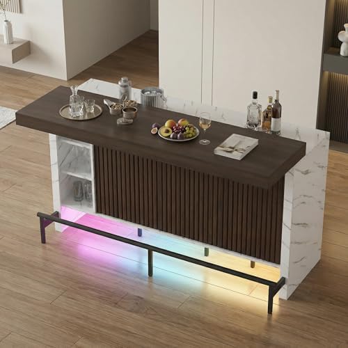 62" Sliding Top Expandable Bar Table with LED Lights, Counter Height Home Bar Cabinet with Shelves & Storage, Marble Finish Modern Bar Island for Kitchen, Living Room, Basement