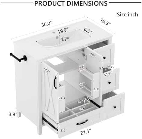 YOPTO 36" Bathroom Vanity with Sink, Freestanding Bathroom Cabinet | Ceramic Top & Backsplash, 4 Storage Drawers, X-Shaped Doors, Adjustable Shelving, Door Storage and Towel Bar, white