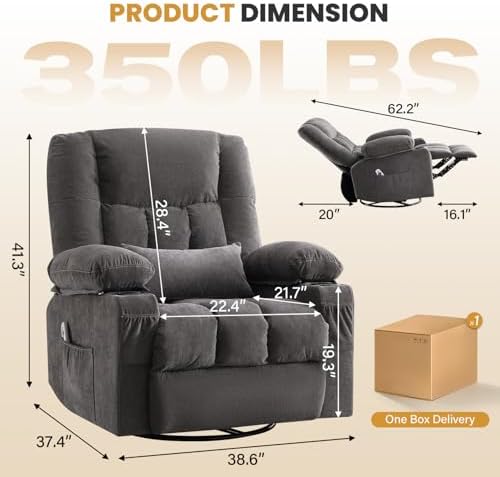 BOSMILLER Recliner Chair with Vibration Massage and Lumbar Heat for Living Room, Oversized Ergonomic Swivel Rocking Chair, Featuring Side Ptgocket, 2 Cup Holders & USB Charge Port