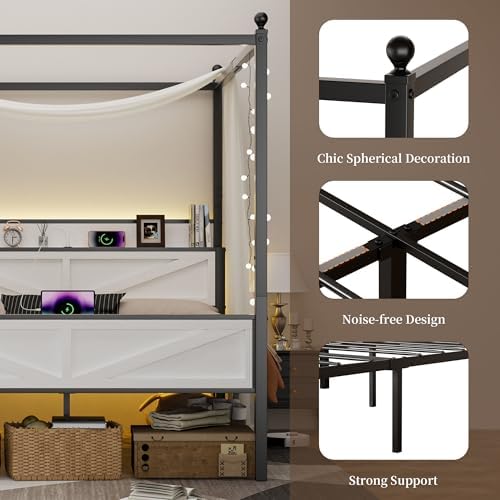 Canopy Bed Frame Full Size with Storage Headboard, White