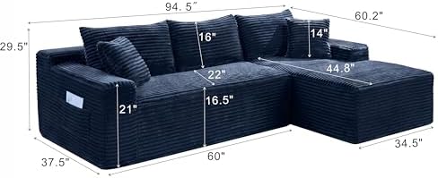 95" L-Shaped Right Facing Cloud Sectional Couch for Living Room, Modular Compressed Boneless Sectional Sofa Corduroy Boneless Corner Foam Sofa W/Chaise Lounge and Pillows