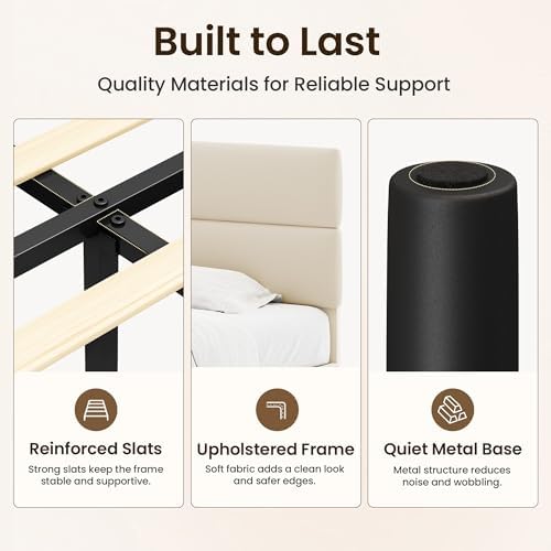 GRUSIGN Platform Bed Frame with Velvet Headboard, Adjustable Height Wooden Slats Support, Upholstered Mattress Foundation, Fits Mattress or Mattress with Box Spring, Easy Assembly, Beige, Full