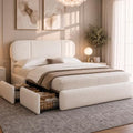 Full Size Cloud Bed Frame with LED & 4 Drawers, Beige