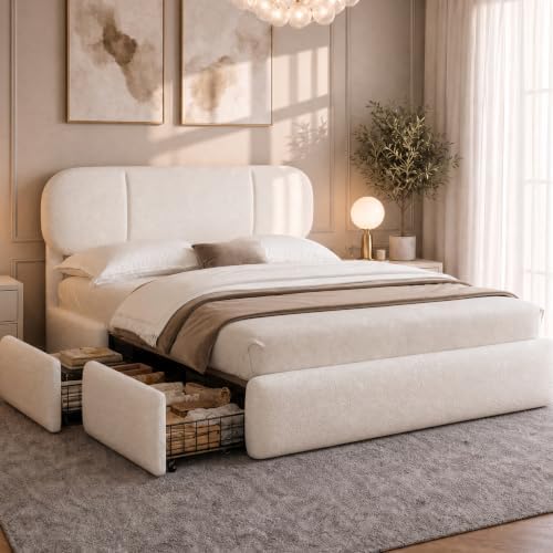 Full Size Cloud Bed Frame with LED & 4 Drawers, Beige