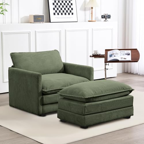ROWHY 41'' Single Armchair with Ottoman, Modern Corduroy Cloud Couch with Convertible Chaise, Upholstered Sofa Set for Living Room, Green