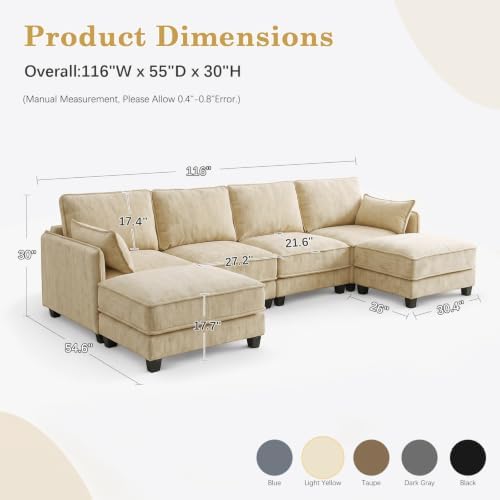 Modular Sectional U Shaped Couch, 116" Cloud Sofa for Living Room