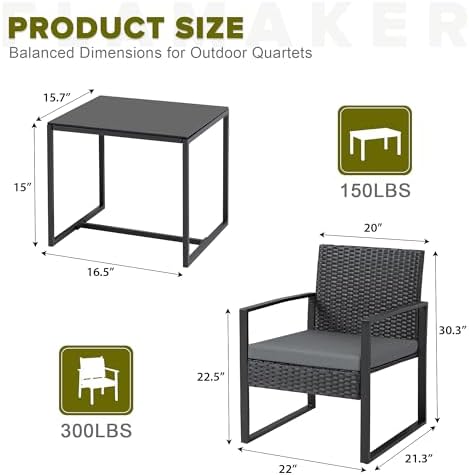 Flamaker 3 Pieces Patio Furniture Set Outdoor Wicker Bistro Chair (Grey)