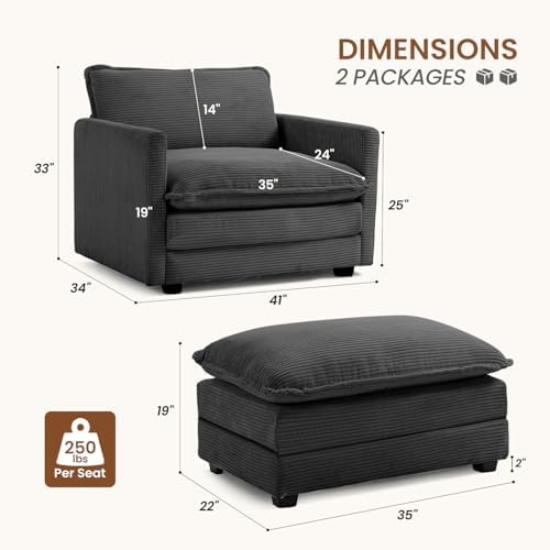 ROWHY 41'' Single Armchair with Ottoman, Modern Corduroy Cloud Couch with Convertible Chaise, Upholstered Sofa Set for Living Room, Dark Grey
