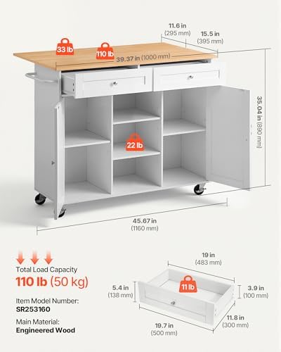 VEVOR Kitchen Island Cart with Storage, 45.67 in Wide Mobile Rolling Storage Island on Swivel Wheels, with 2 Drawers, Storage Cabinet, Drop Leaf, Towel Rack, Table for Home Dining Room, White