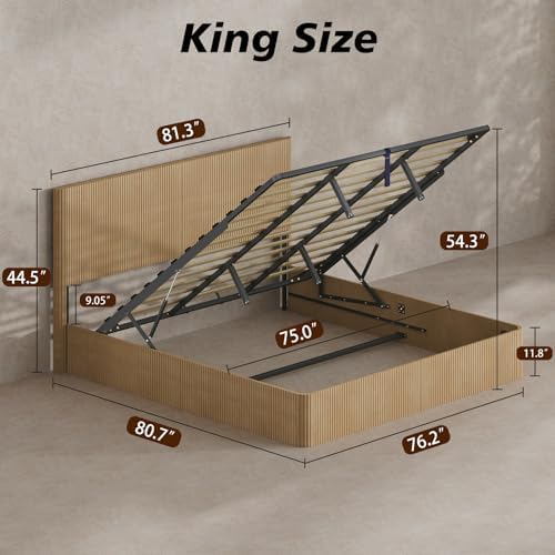 VMU Fluted King Size Platform Bed Frame with Lift up Storage, Oak