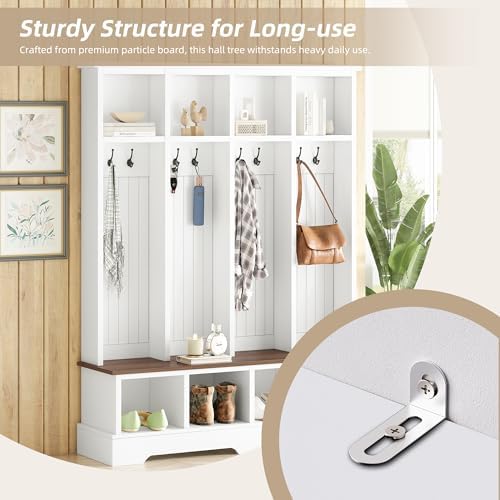 Merax Farmhouse Hall Tree with Bench and Shoe Storage, 59" Entryway Bench with Coat Rack, 8 Hooks and Top Compartments, 3-in-1 Entryway Hall Tree for Hallway, Living Room, White