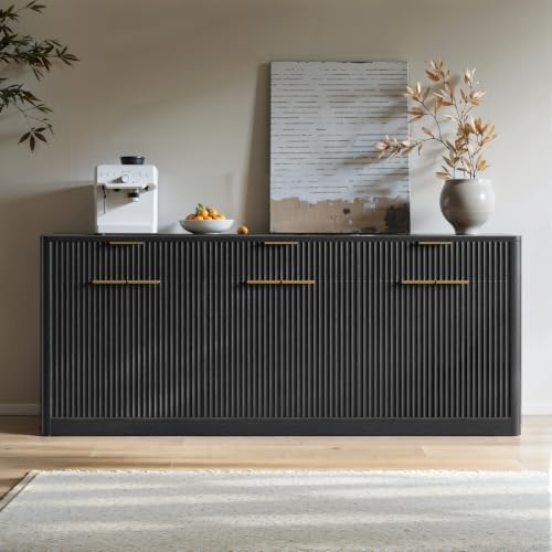 Evermagin 67" Fluted Black Sideboard Buffet Cabinet with 3 Drawers