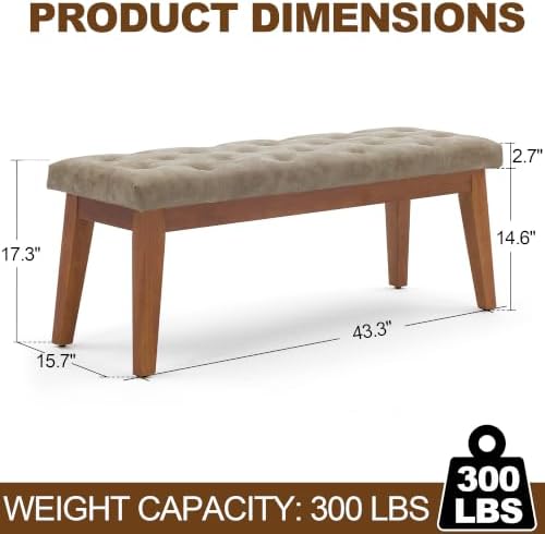 43.5" Button Tufted Faux Leather End of Bed Entryway Bench, Light Taupe