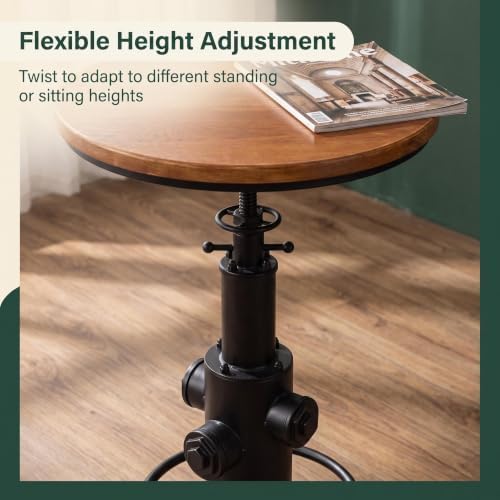 Vintage Bistro Table Height Adjustable 38.6-44.4inch Industrial Bar Table for Kitchen Dining Room Coffee House Pub Office Swivel Round Wooden Top for 2-3 People