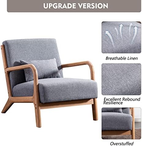 ANJ Mid Century Modern Accent Chair, Single Fabric Lounge Reading Armchair with Solid Wood Frame, Easy Assembly Arm Chairs for Living Room, Grey