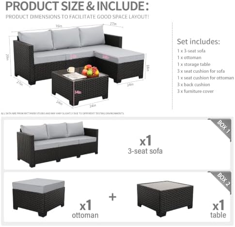 Rattaner 3 Pieces Patio Furniture Set Outdoor Sectional Wicker Patio Furniture Patio Couch with Ottoman and Outdoor Table All-Weather Anti-Slip Cushions Waterproof Covers, Light Grey