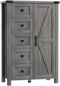 VVFLU Farmhouse Dresser Storage Cabinet Chest of Drawer for Bedroom, 5 Drawer Dresser with Barn Door, 48 Inch Tall Grey Wood Dresser, Adjustable Shelves, Rustic, for Living Room, Entryway, Hallway