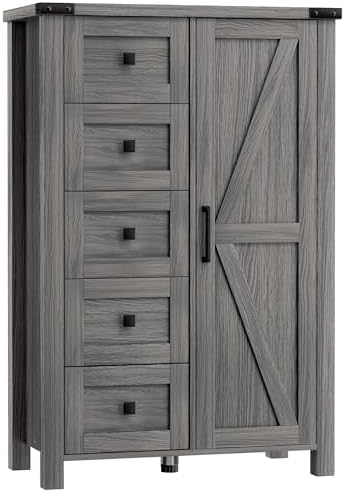 VVFLU Farmhouse Dresser Storage Cabinet Chest of Drawer for Bedroom, 5 Drawer Dresser with Barn Door, 48 Inch Tall Grey Wood Dresser, Adjustable Shelves, Rustic, for Living Room, Entryway, Hallway