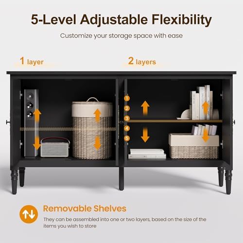 RoyalCraft 118" Buffet Cabinet with Storage, Vintage Sideboard with Adjustable Shelves, Mid Century Modern Painted Credenza Coffee Bar for Kitchen, Dining Room, Entryway, Living Room, Satin Black