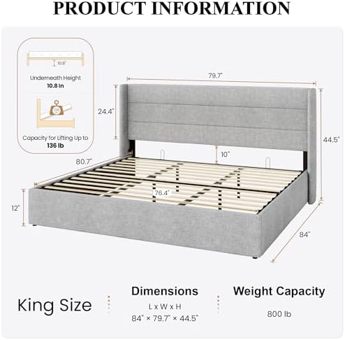 SHA CERLIN King Size Lift Up Hydraulic Storage Bed Frame Light Grey