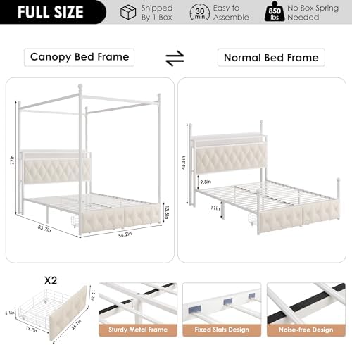 HIFIT Full Size LED Canopy Bed Frame with Storage & Charging Station, Beige