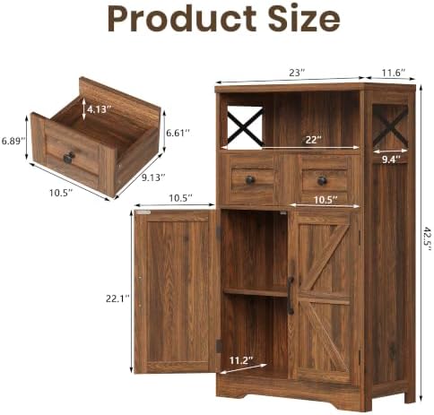 Walnut Farmhouse Storage Cabinet with Drawers, Small Kitchen Pantry Cabinet