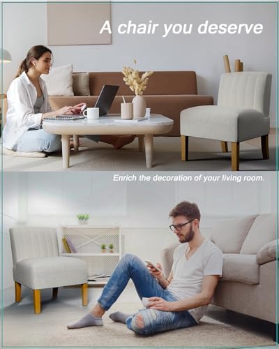 Armless Accent Chairs Set of 2 for Bedroom, Bedroom Chair for Bedroom Living Room Chair with Solid Wood Legs, Makeup Vanity Chair Fabric Comfy Upholstered Reading Chair Accent Chair,Beige