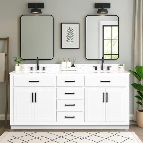 72-inch White Bathroom Vanity with 2 Sinks, Solid Wood, 0.79-inch Stone Countertop and Backsplash, 6 Drawers, 4 Soft Closing Doors