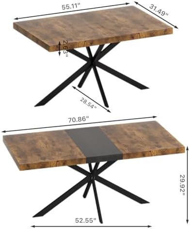 Extendable Dining Table for 4-6 People, 55" to 71" Expandable Table with Hidden Storage Drawer and Black Metal Base, Modern Rectangular Kitchen Dining Table, Brown & Black