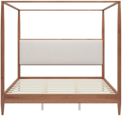 King Size Wood Canopy Bed Frame, Walnut Vintage Four-Posters Platform Bed