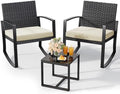 Qsun 3 Pieces Porch Furniture Set Patio Rocking Bistro Set Outdoor Patio Chairs Rattan Conversation Sets with Coffee Table for Front Porch Garden Balcony Backyard Poolside (Beige Cushion)