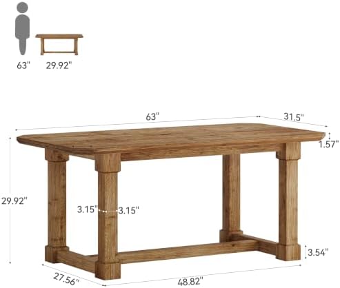 Solid Wood Dining Table, 63" Farmhouse Kitchen Table for 4-6