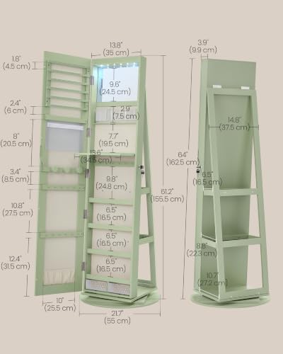 SONGMICS HOME Standing Jewelry Armoire, Full Length Mirror with Storage | Lockable Jewelry Cabinet with 6 LED Lights, Built-in Vanity, Laurel Green Surface, Cream White Lining UJJC007C01SH