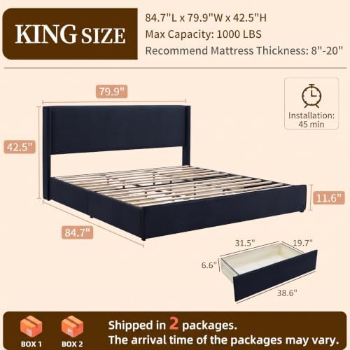 King Bed Frame with Storage Drawers, Corduroy Bed with Headboard, Black