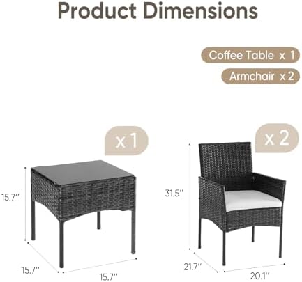 DUMOS 3 Piece Patio Furniture Set, Outdoor Wicker Bistro Set, Black