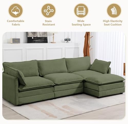 ROWHY 112'' Modular Sectional Cloud Couch with Movable Ottoman, 4 Seat Modern Corduroy Sofa, Deep Seat L Shaped Couch for Living Room Bedroom Apartment,Green