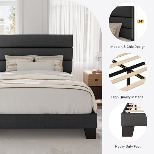 Allewie Twin Size Platform Bed Frame with Fabric Upholstered Headboard Gray