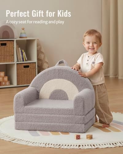 Blissful Diary Foldable Kids Couch, 2-in-1 Kids Sofa Chair, Gray Rainbow