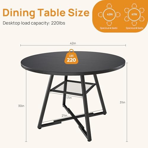 Alpen 42" Round Dining Table for 4-6, Small Kitchen Table with Storage Shelf, Wood Industrial Circle Table with Pedestal Metal Frame, Small Space Table for Apartment, Dining Room, Black