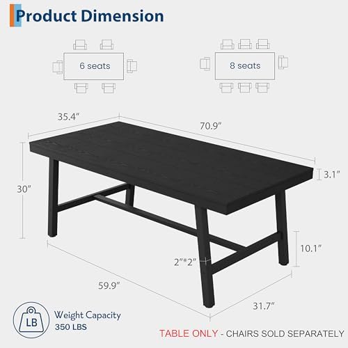 GarveeHome Industrial Dining Table for 6-8 People, 70.87" Long Large Kitchen Table with Sturdy Metal Frame, Rectangular Counter for Dinner, Kitchen, Dining Room (Black, 71" Non-extendable)