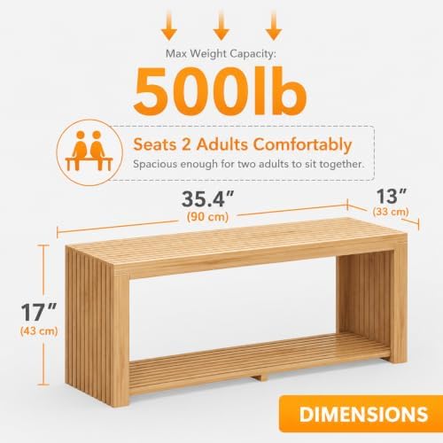 Bamboo Bench with Shelf, 35'' Entryway Bench Seat, Natural